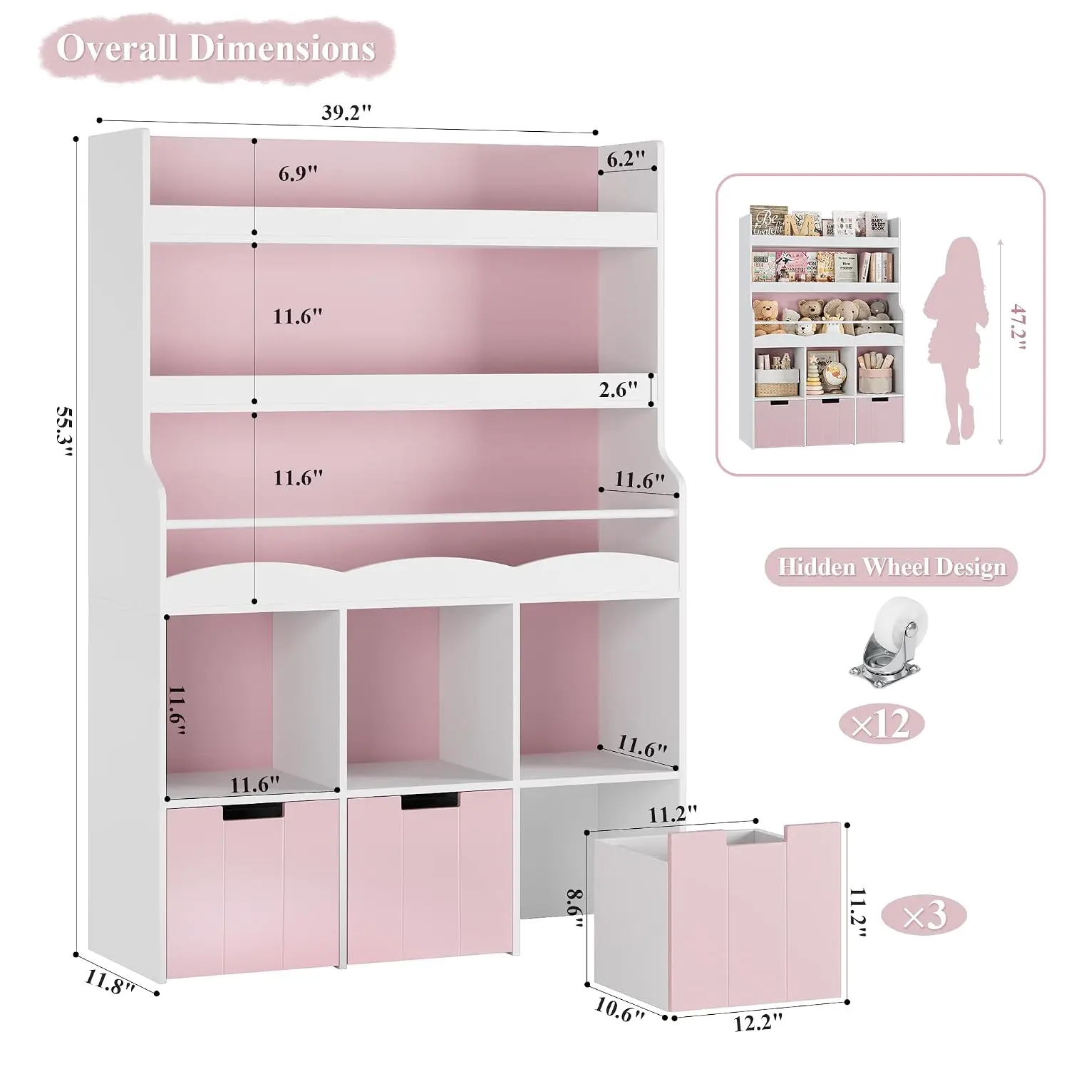 Toy Storage Organizer w/Bookshelf & Stuffed Animal Holder, Pink, Customized