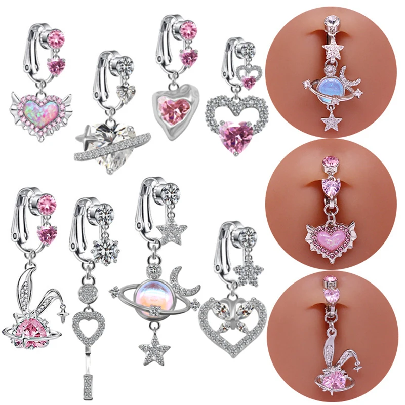 Faux Fake Belly Star Moon Fake Belly Piercing Heart Zircon Clip On Umbilical Navel Non-Piercing Jewelry Earring Clip