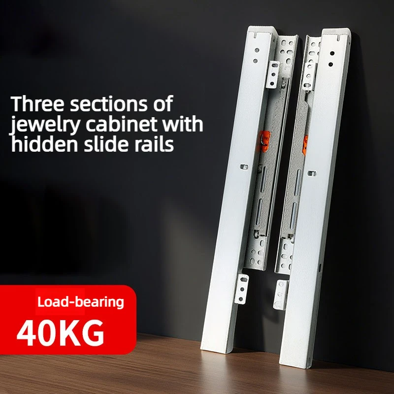 Undermount Drawer Slide Soft Close 1 Pair Bottom Mounted 40kg Load Capacity 3-fold Full Extension Non-detachable Drawer Slide