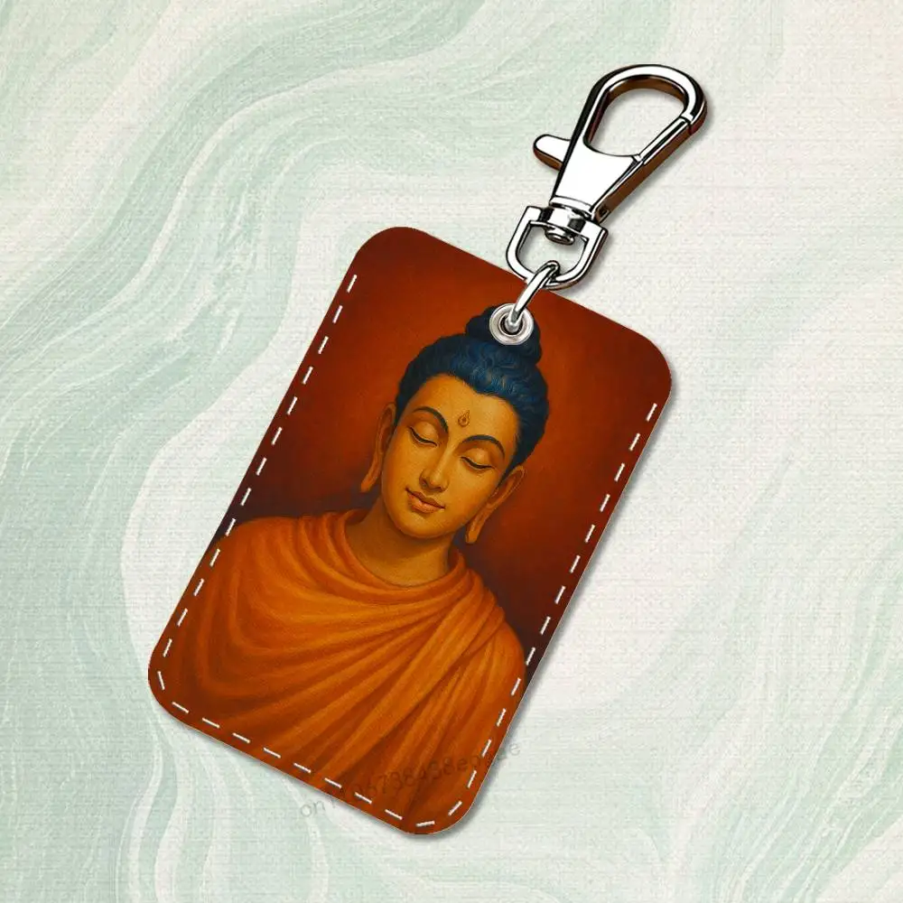 Belief Art Buddha Rectangle Card Case Keychain Access Card Bag Key Tag Ring Leather Card Holder Key Ring Access