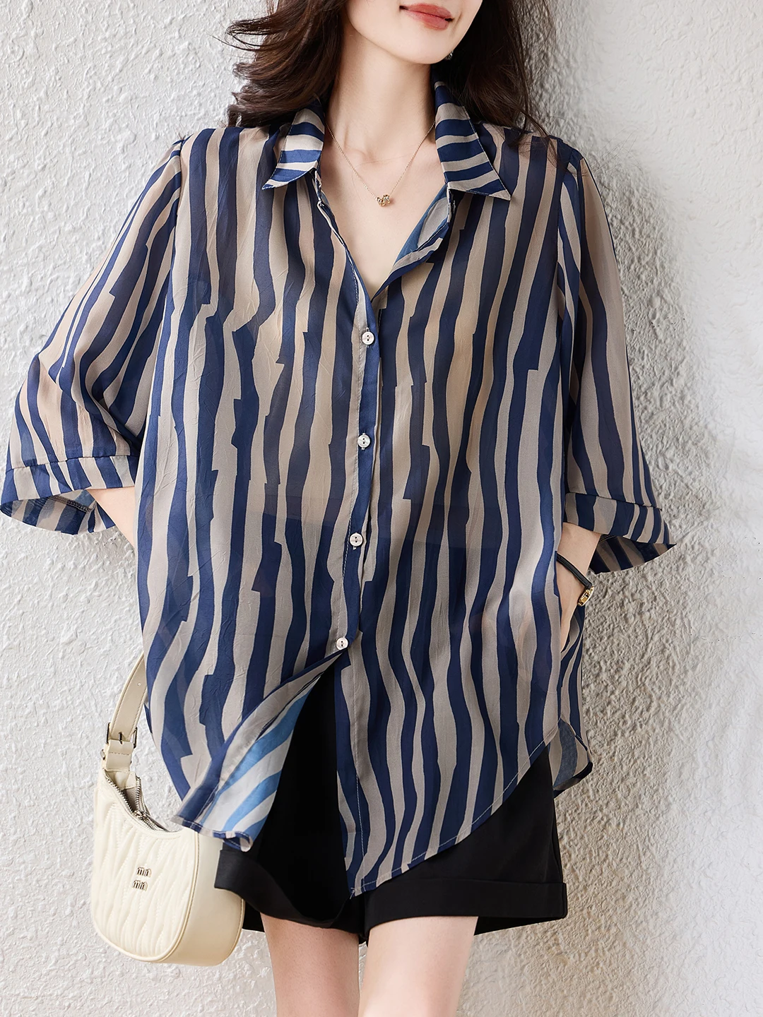 Summer Faion Striped irt Colletto ampio e vestibilità casual Sle Effetto dimagrante Seven Sve Top da donna Premium Quali
