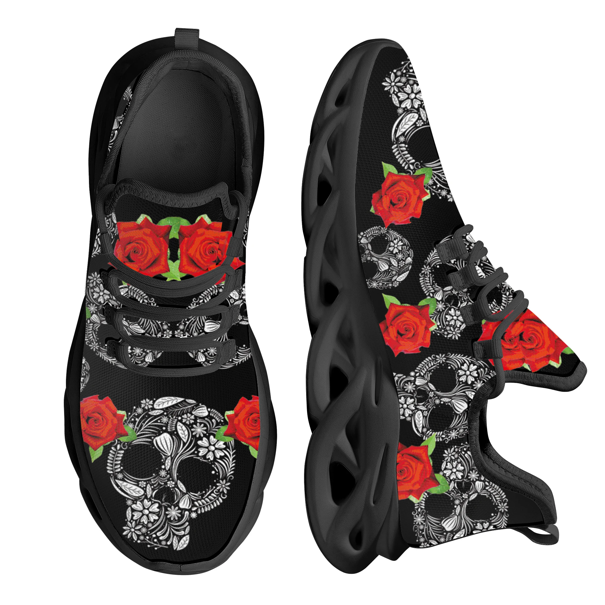 INSTANTARTS Women Chunky Sneakers Rose Floral Skull Pattern Ladies Sport Shoes Autumn Platform Women Shoes Big Size 44 45 46