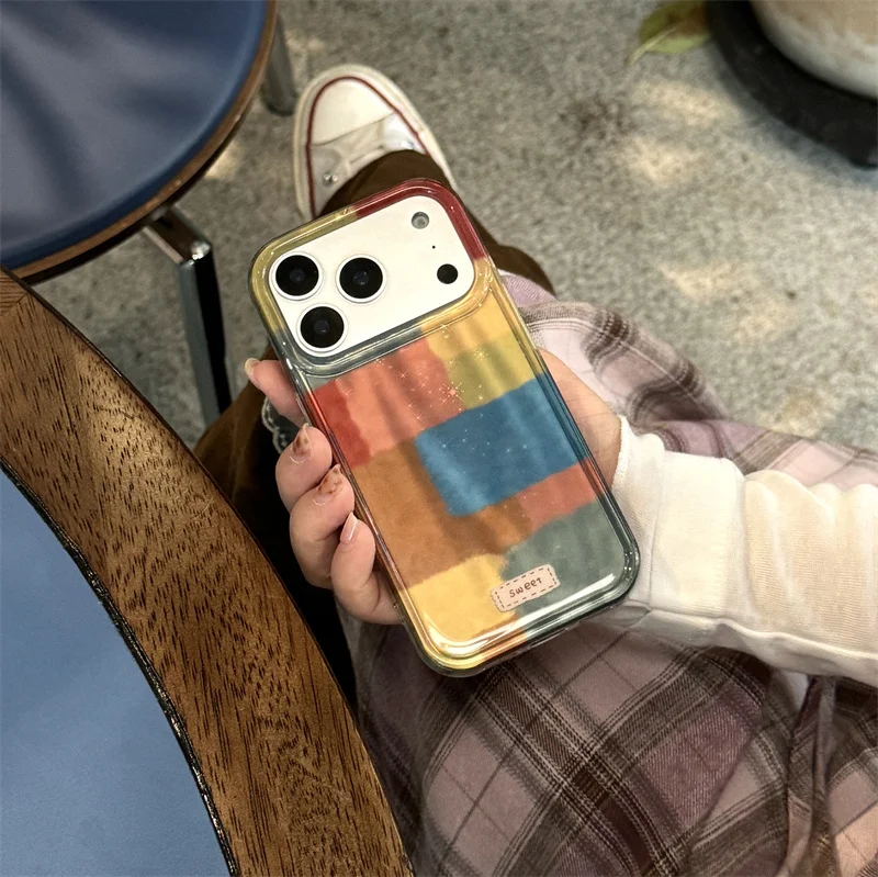 Funda de teléfono con bloques de colores artísticos para iPhone 17 Pro 15 16 14 Pro Max, Funda con cadena de cuentas, Fundas protectoras bonitas a prueba de golpes