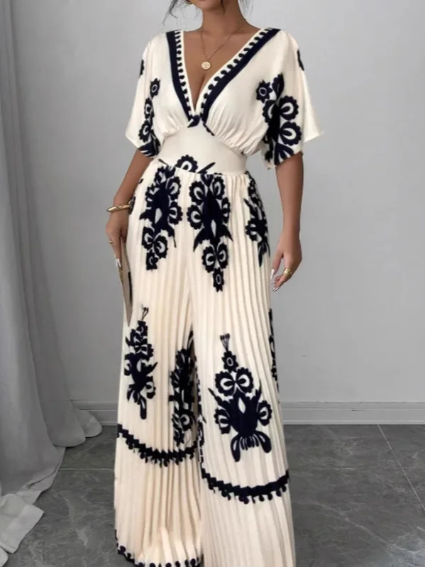 Dames jumpsuit met hoge taille en wijde pijpen ort Sve bedrukt woon-werkverkeer lange broek polyester stof lenteseizoen