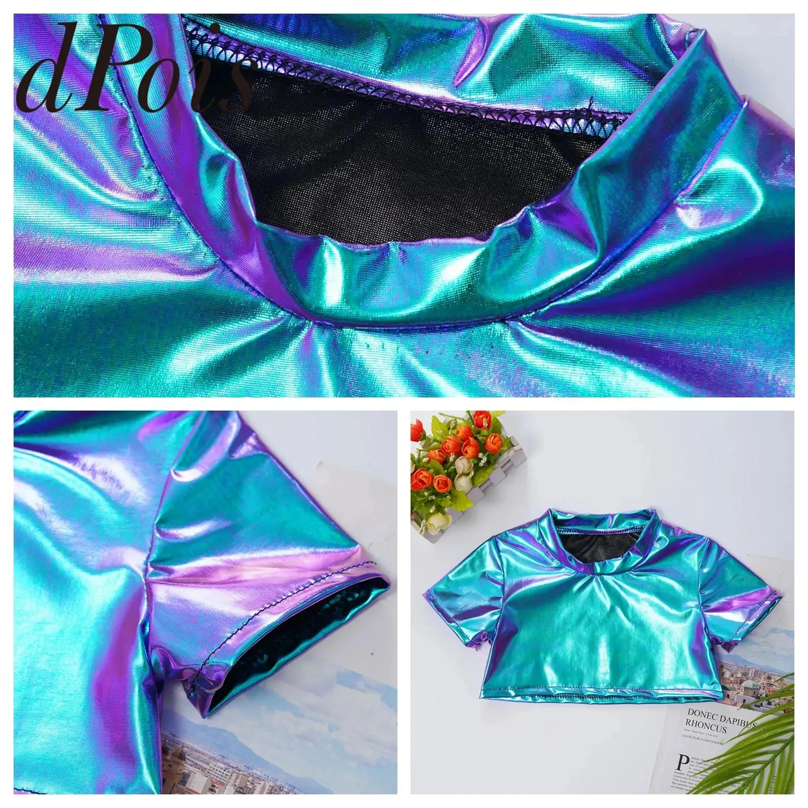 

Streetwear Kids Girls Metallic T-shirt Jazz Dance Costume Hip Hop Tops Short Sleeve Crop Top Children's Performance Dancewear