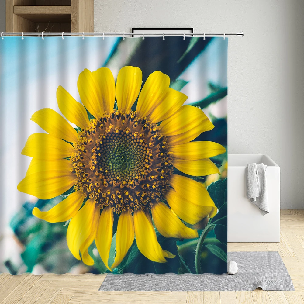 Cure Series Scenery Sunflower Field Shower Curtain Modern Eco-Friendly Waterproof Cloth Bathtub Decor Bath Screen With Hooks