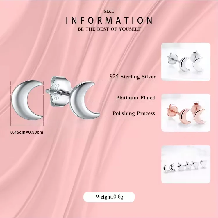 Modian New 2026 Solid 925 Sterling Silver Rose Gold Color Moon Stud Earrings For Women Trendy Small Exquisite Jewelry Bijoux