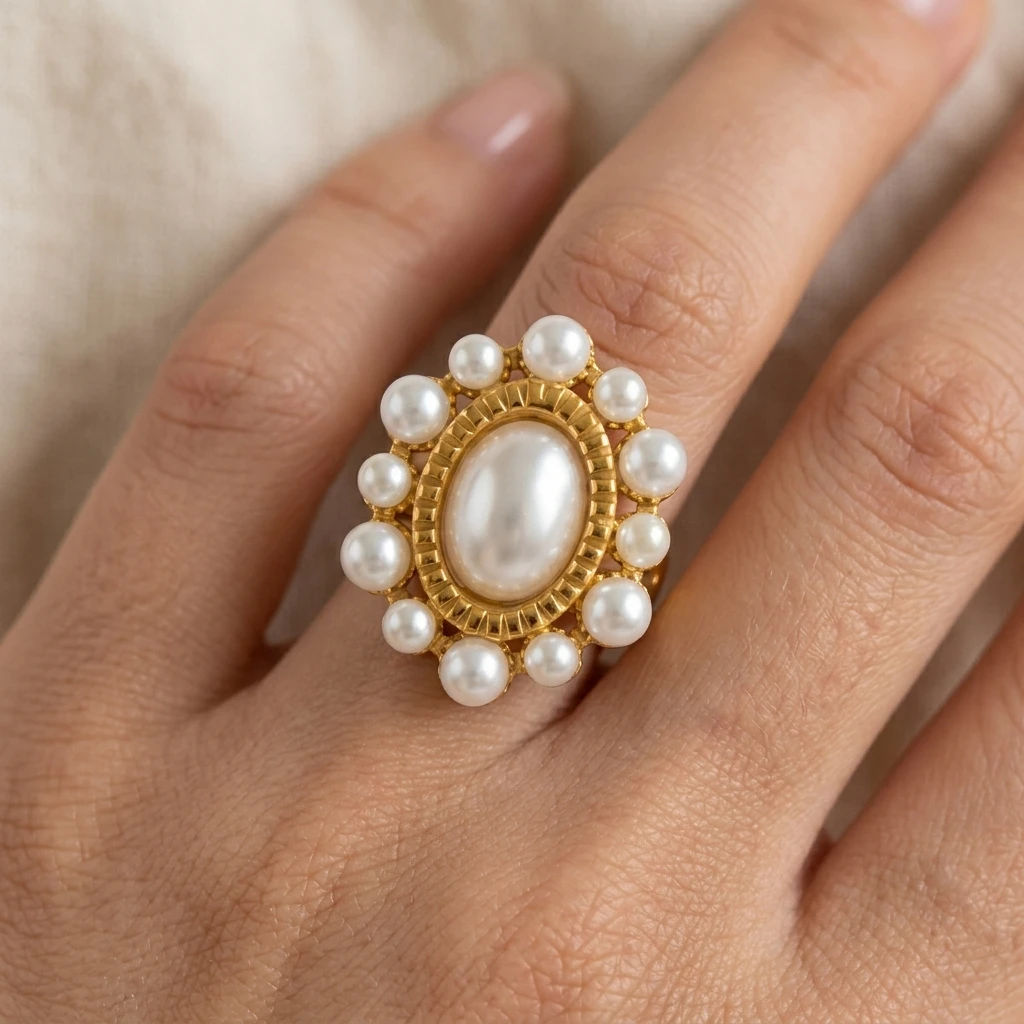 Miia Jewelry 18K Gold Vintage Sunflower Imitation Pearl Open Ring Stainless Steel Cluster Adjustable Ring For Women