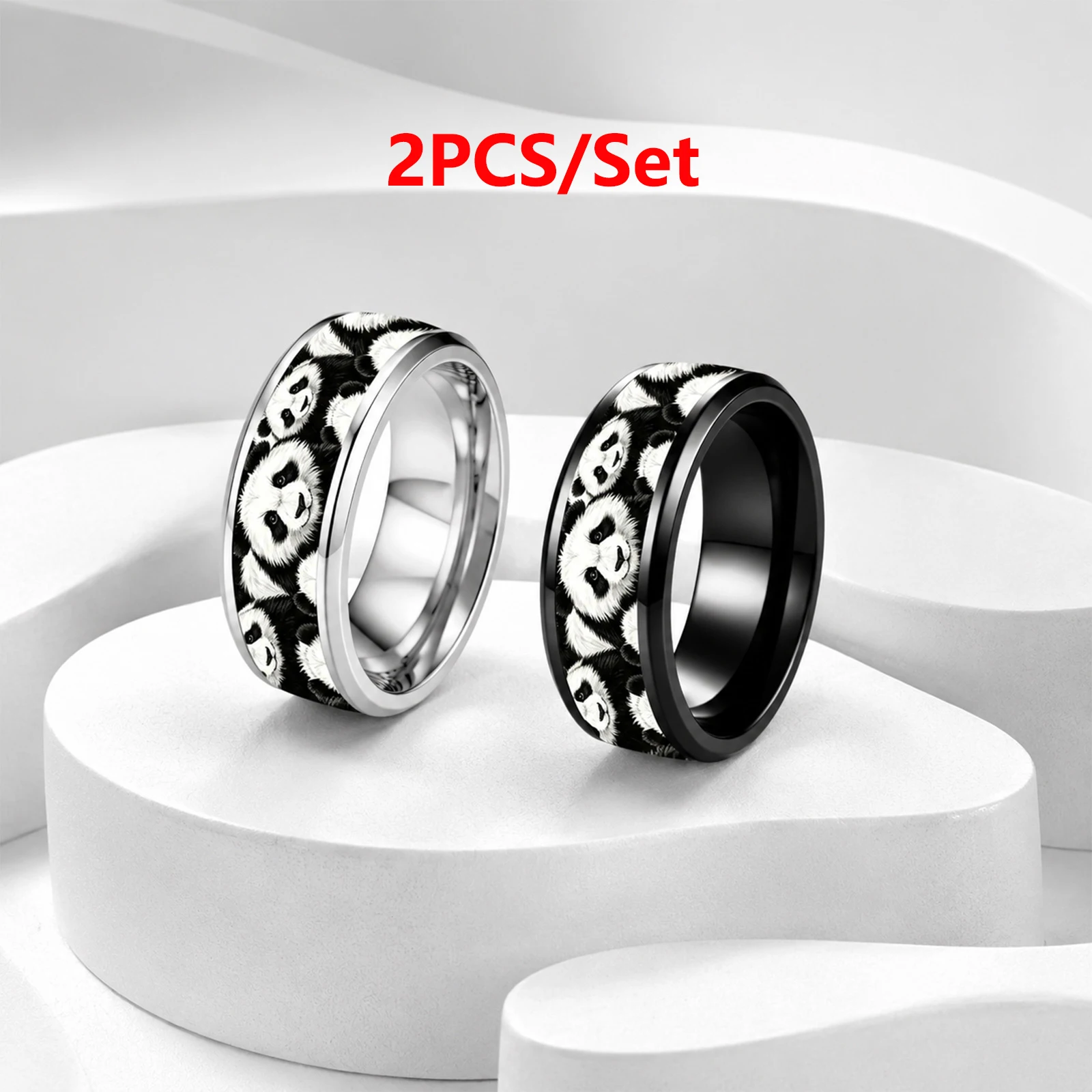 2Pcs/Set 8MM Panda Stainless Steel Rings Set Polished Wedding Unique Double Beveled Black And White Stainless Steel Ring