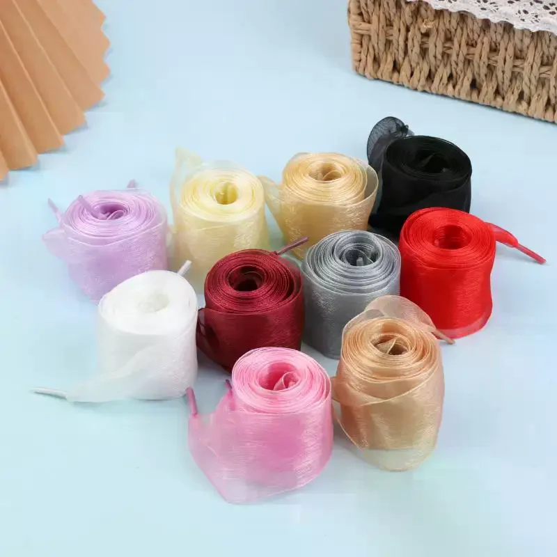 1 Pair 4cm Wide Organza Shoe Strings 160cm Woman Bow Shoelaces Flat Silk Satin Ribbon Canvas Sneakers Sport Shoes Laces