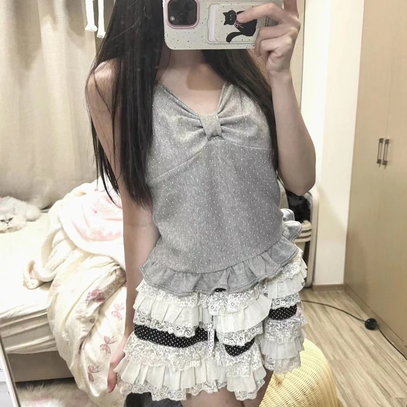 Zoete Y2k Esthetische Kant Patchwork Bodycon Tank Top Vrouwen Streetwear Borduren Bloem Hemdje Harajuku Fee Grunge Boog Vest