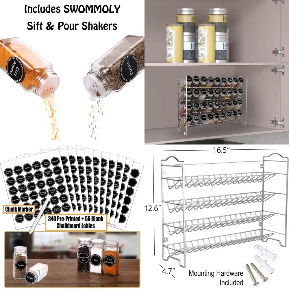 

Серебряный органайзер для специй на 36 баночек с этикетками, меловым маркером и воронкой для кухонной стойки, шкафа или стены