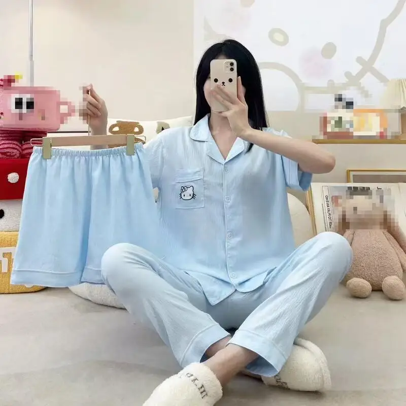 

Женский летний комплект пижамы с принтом: шорты, футболка с коротким рукавом и кардиган, домашний комплект из трех предметов, мягкий, с мультяшным рисунком