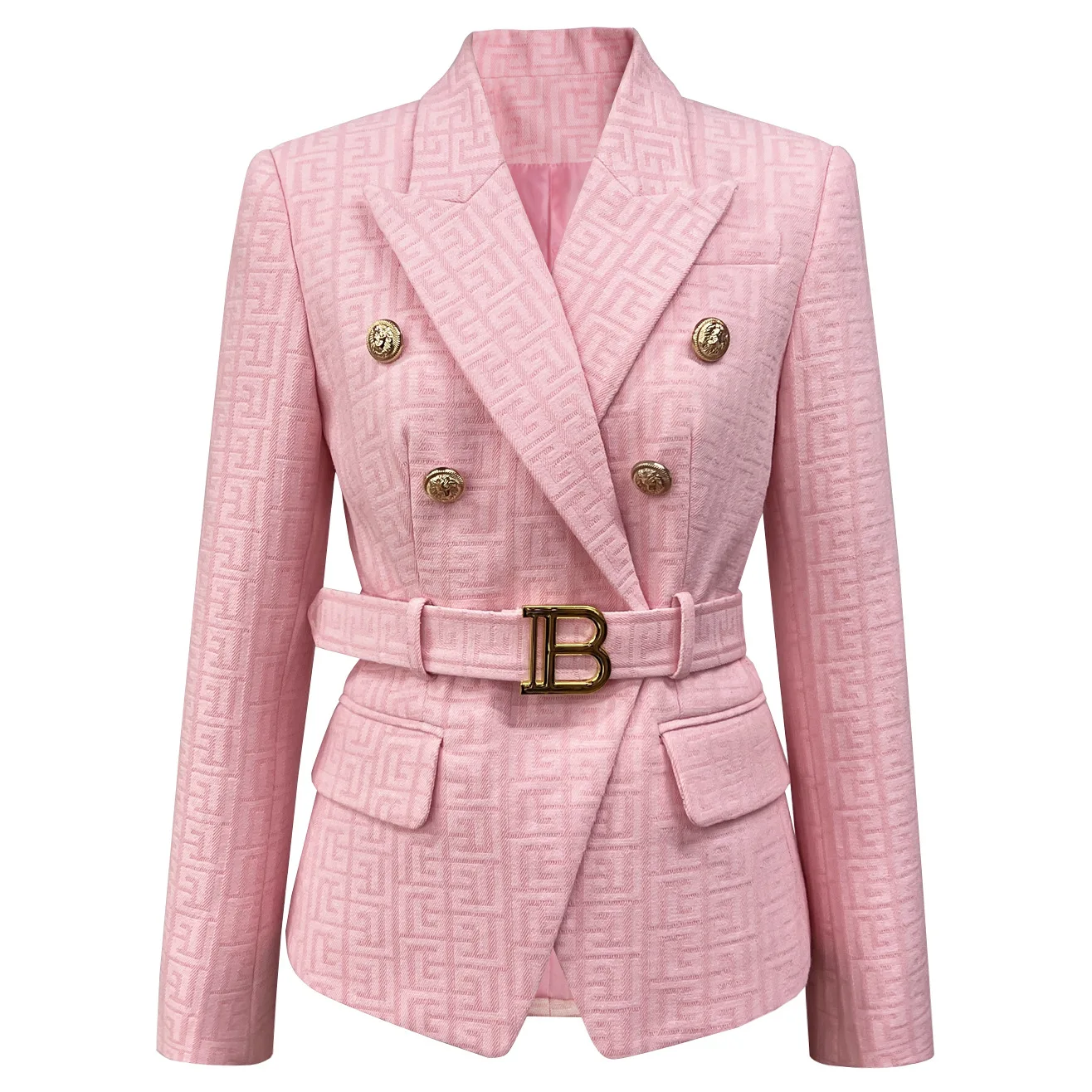 Pink Women's Luxury Suit Spring and Autumn New Wanzi Pattern Long Sleeve Belt Slim Fit Commuter Professional Fashion Suit Coat