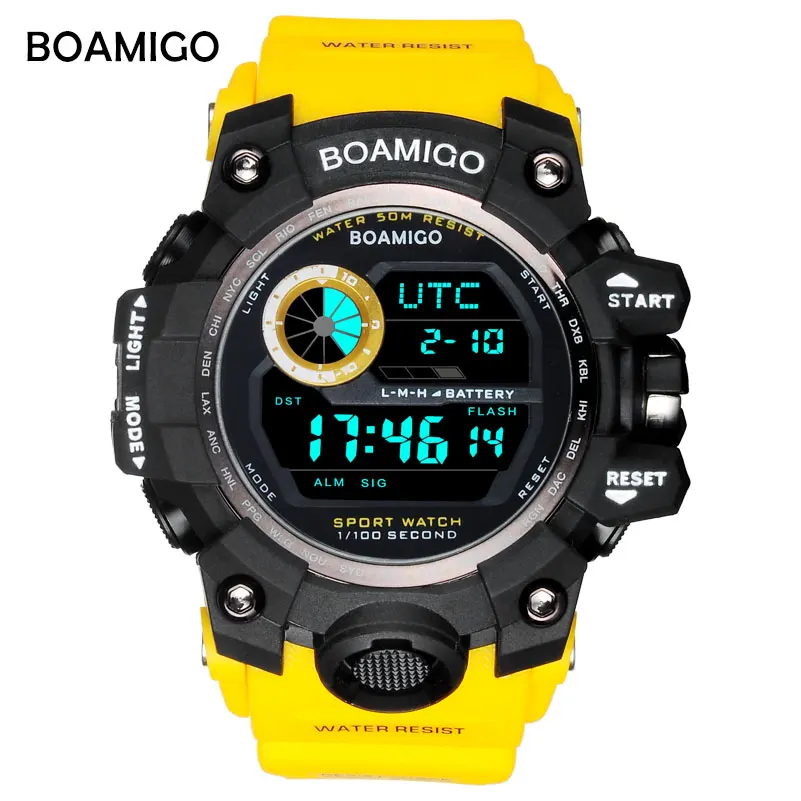 Men Sports Watches BOAMIGO Brand Digital LED Orange Shock Swim military Rubber Wristwatches Waterproof Clock Relogio Masculino