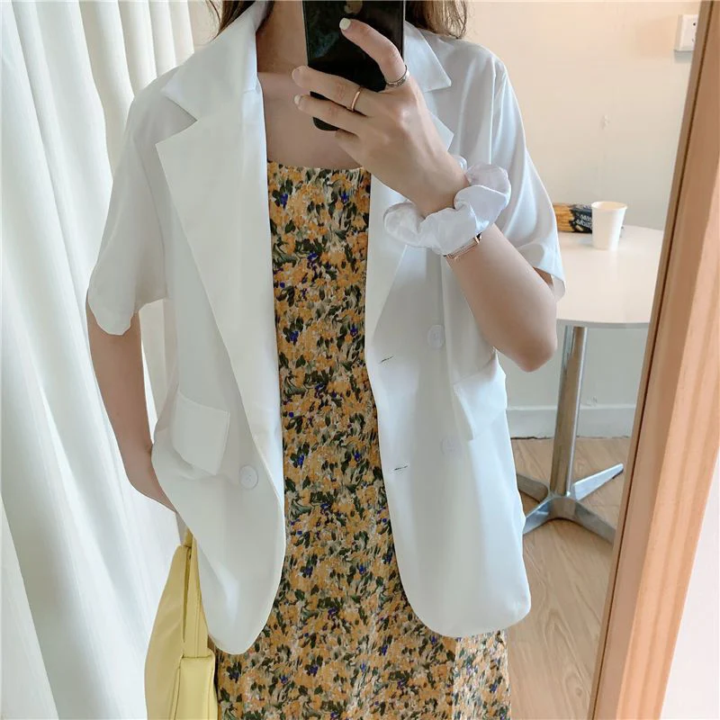 Summer Fashion Ol Short Sleeve Blazer Women Thin Lapel Neck Double-Breasted Suits Jacket Woman Solid Color Loose T Shirts Female