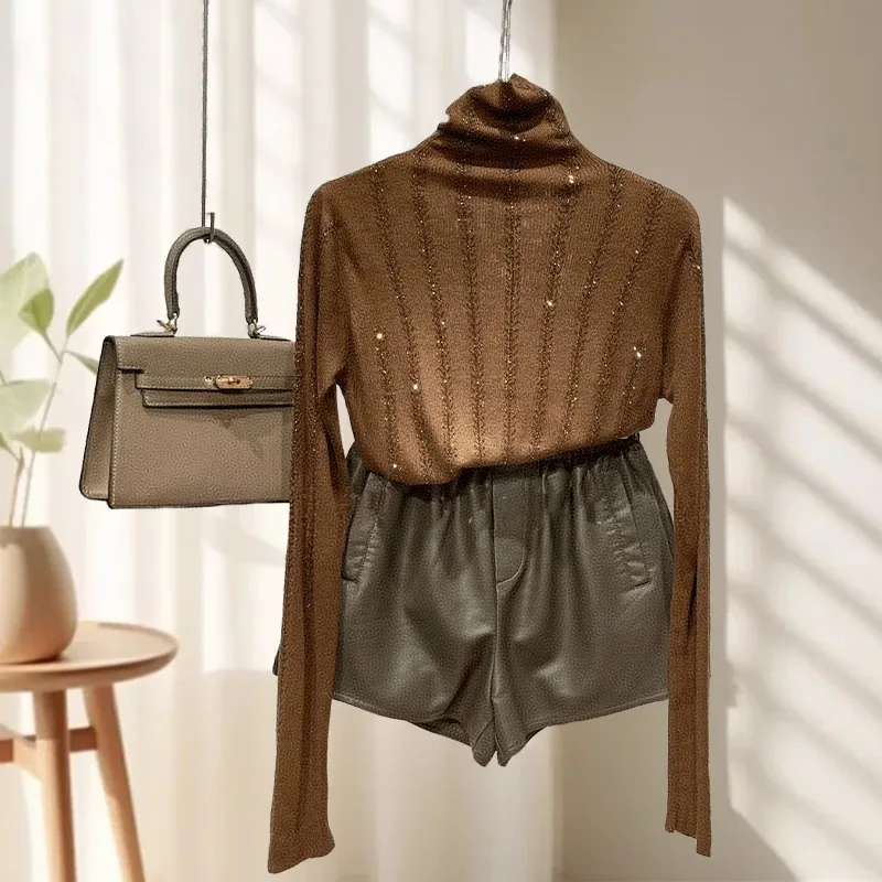 Heavy Industry Hot Drill Striped High-neck Long-sleeved T-shirt Women's Base Shirt