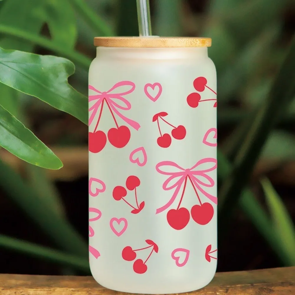 Water Bottles Sticker UV DTF Wrap Transfer Pink Bow Sticker For 16Oz Glass Cup Stickers Waterproof Clear Smooth Diy Decals