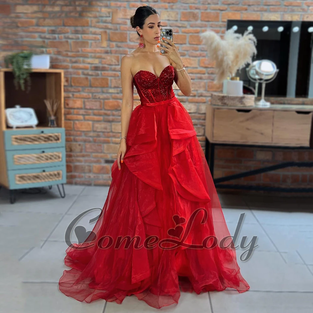 

Comelody Fancy Tulle Prom Dresses for Women Saudi Arabric Sweetheart Ruffles Strapless Lace Up Belt Chapel Train Custom Made