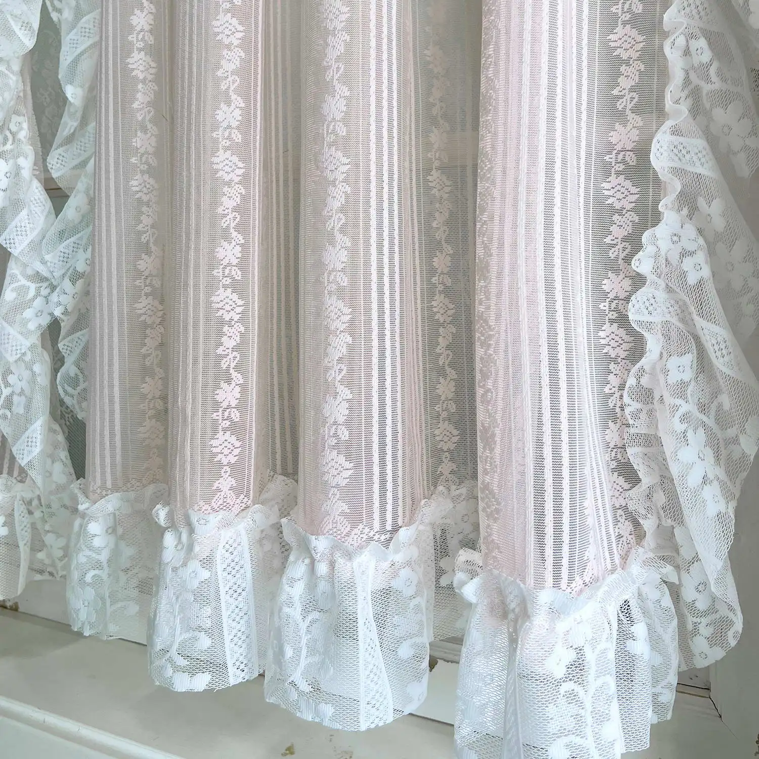 Vintage Ruffle Sheer Lace Curtain Panels for Living Room Bedroom Study Doorway Pink Floral Tulle Drapery Home Decorative