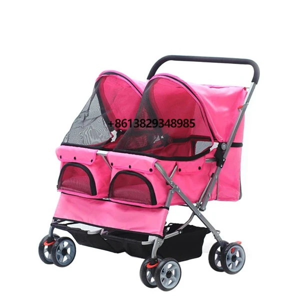 4 Wheel Foldable Twin Pet Stroller Two-Seater Carrier Strolling Cart