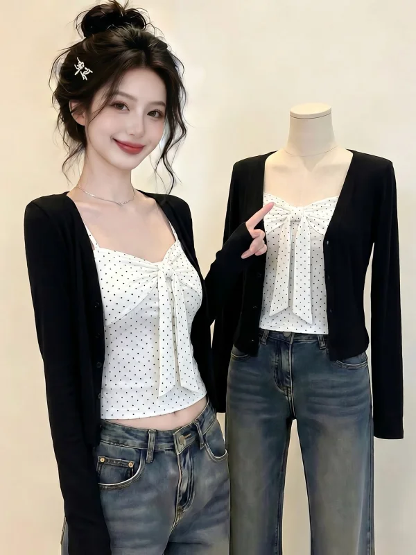 

Black Polka Dot Knot Strap Vest Top Sun Protection Outerwear Cardigan Two-Piece Set Summer New Arrival Women's Fashion