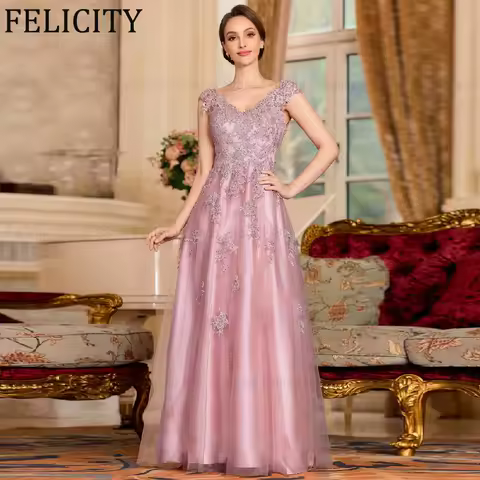 FELICITY Customized Elegant Mother of the Bride Dress 2026 Applique A-Line V-Neck Tulle Wedding Guest Dress Party Evening Gowns