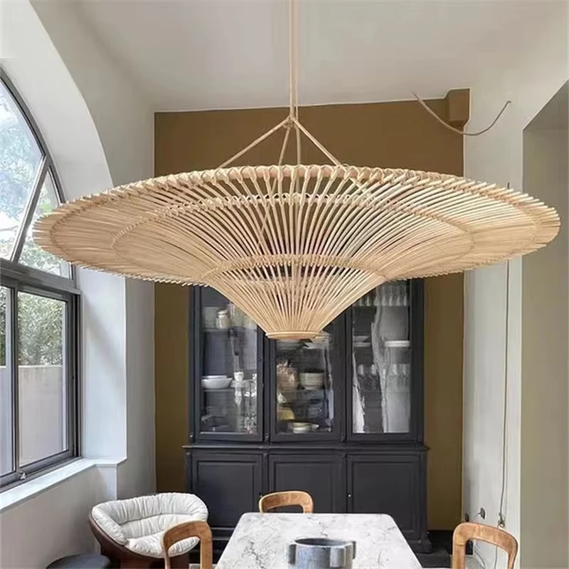 Imagem -02 - Grande Lâmpada Pingente de Vime Estilo Wabi Sabi Lustre de Rattan para Sala Estar Quarto Restaurante Madeira Mão Tecido Luminária