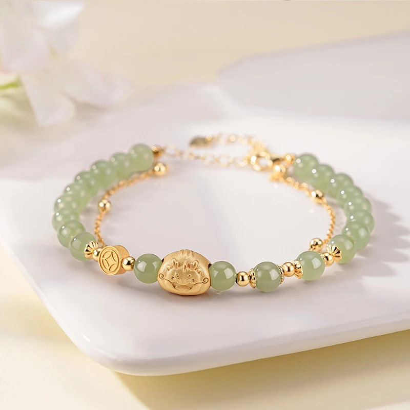 Chinese Zodiac Sign Dragon Jade Lucky  Bangle For Women Hetian Jade Bracelet Leaves Double Layer Jewelry Gift Bring Luck Wealth