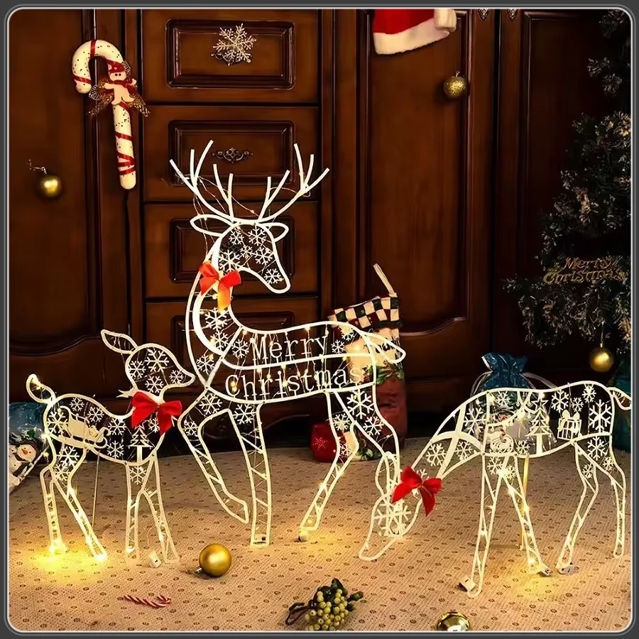 3pcs Handmake Iron Art Elk Deer Christmas Garden Decor &led Light Glowing Glitter Reindeer Xmas Home Outdoor Yard Ornament Decor