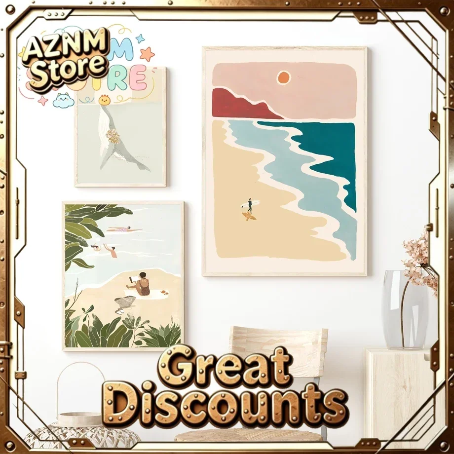 Abstract Summer Beach Surf Whale Vacation Seagull Wall Art Canvas Painting Minimalist Posters Prints Picture Living Room Deco
