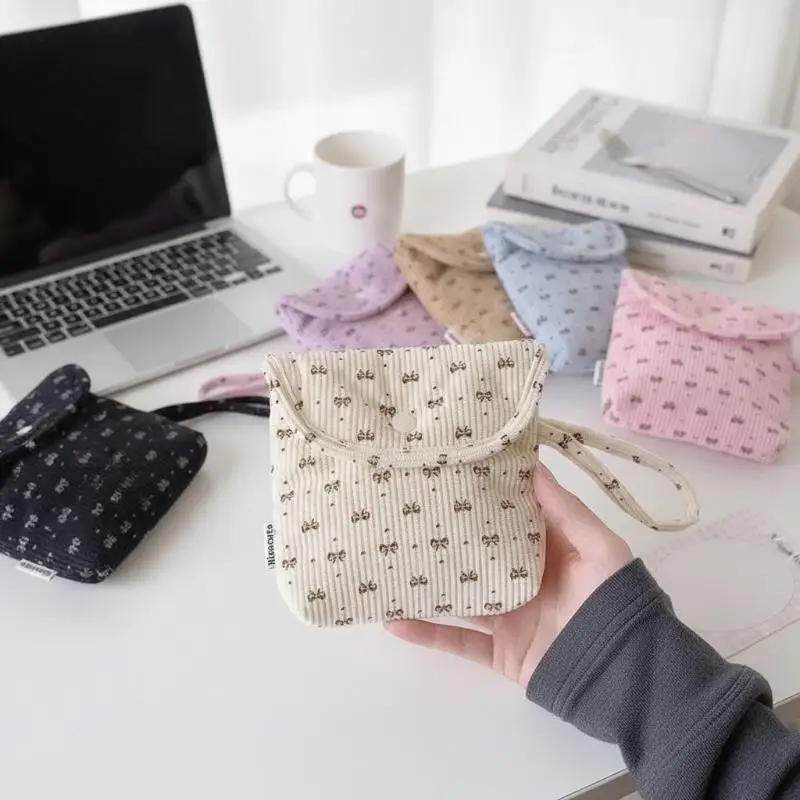 Hot Sale Portable Bowknot Decor Corduroy Storage Bag For Sanitary Pads Lipstick Cosmetics Travel Headphone Organizer