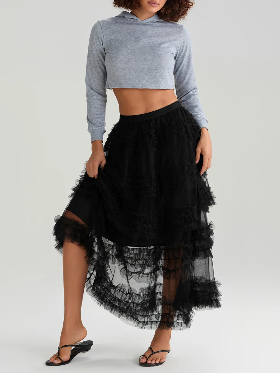 Women s Tulle A-Line Long Skirt High Waist Sheer Mesh Tiered Ruffled Skirt for Summer Spring