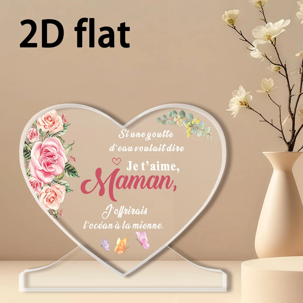 2D Flat, Heart Shaped Acrylic Desk Decor for Mom - Pink Floral & Butterfly Design, Ideal Mother's Day & Birthday Present