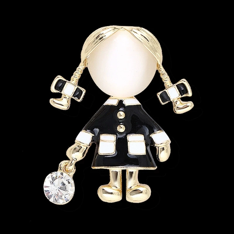 Small Cute Little Girl In Black Dress Nurse Brooches Rhinestone Crystal Brooch Pin Drop Oil Corsage Clothing Coat Jewelry