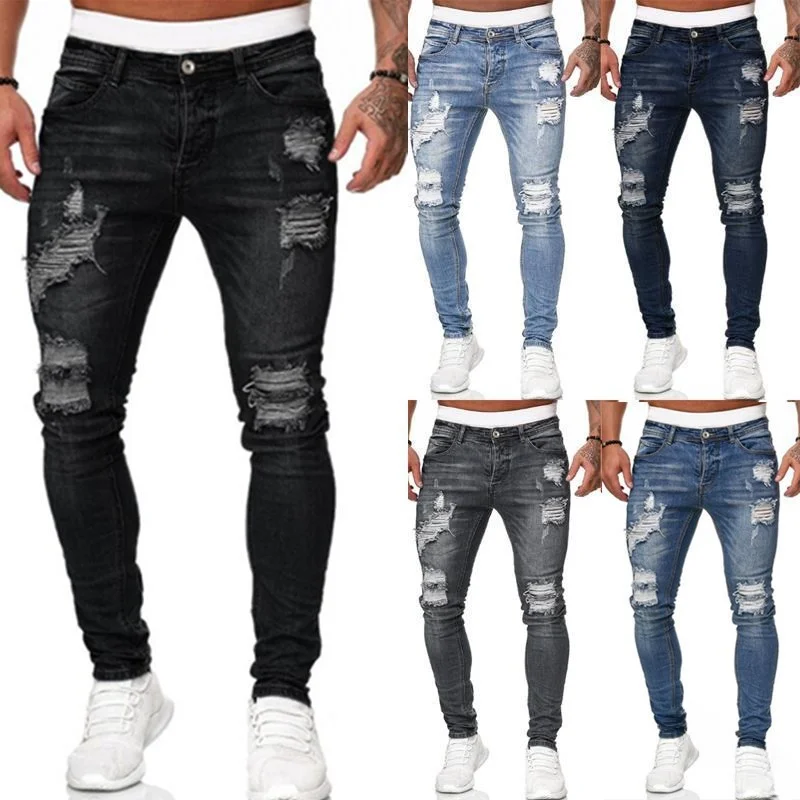 Men Hole Jeans Washed Pencil Pants Denim Distressed Slim Fit Vintage Pockets Solid Colour Ankle Length Trousers 2024 Casual