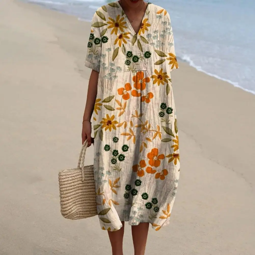 

Summer Women Dress V Neck Short Sleeves Loose Vintage Floral Print Bohemian Style A-line Knee Length Beach Midi Dress 원피스