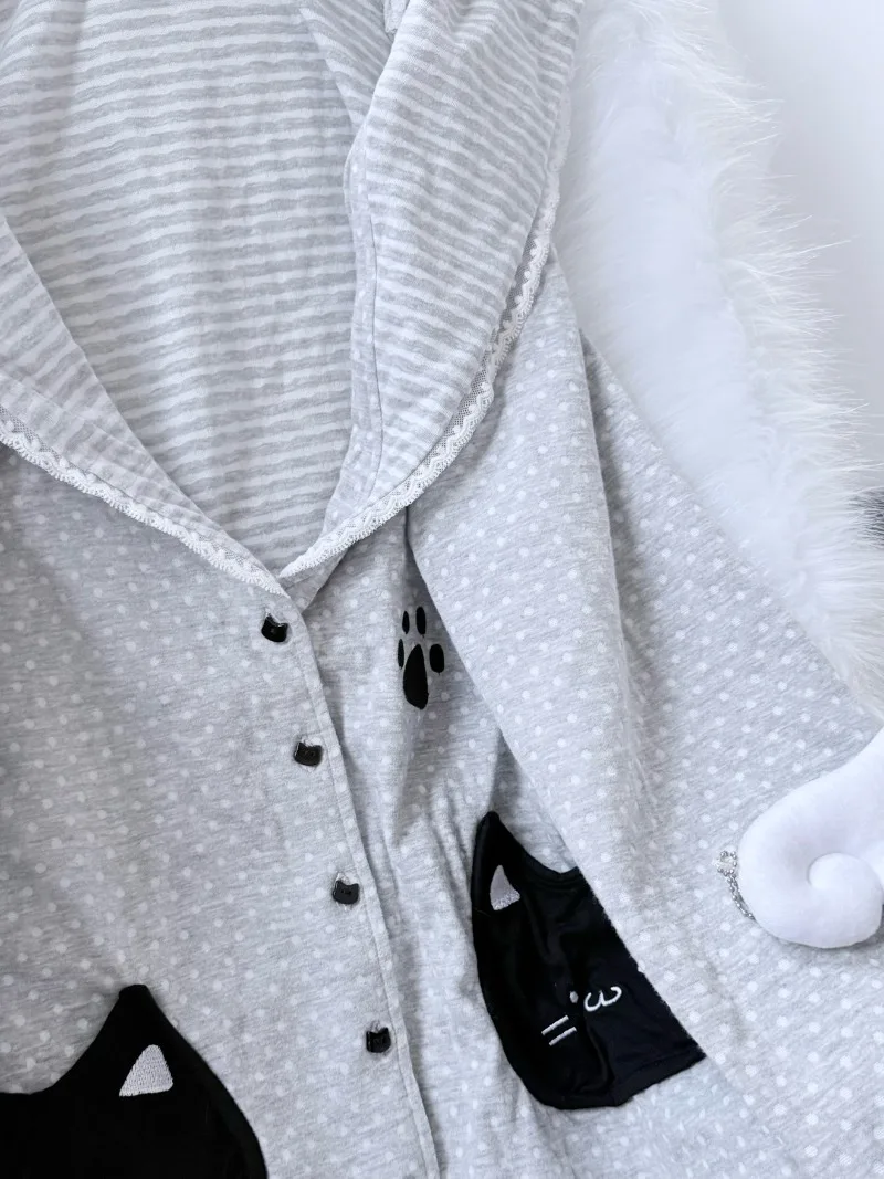 Double-Sided Fabric Little Black Cat Hooded Cardigan Sweatshirts Vintage Home Stay Cute Japanese Single-Breasted Loose Hoodies