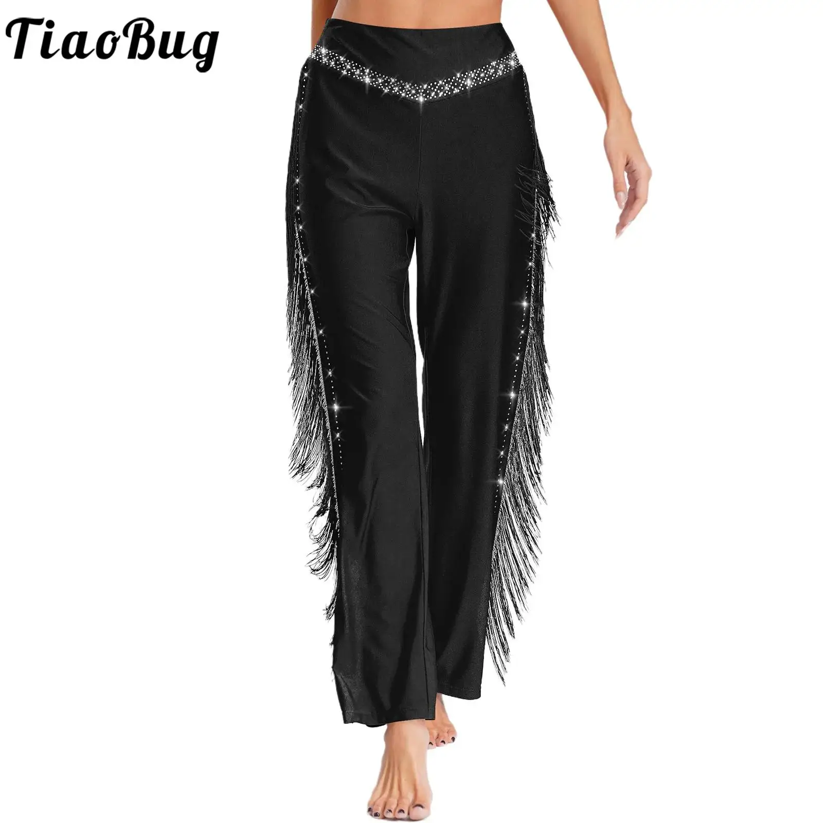 

Womens Jazz Dance Costume Pants Elastic Waistband Tassels Rhinestones Pants for Latin Tango Cha-Cha Competition Performance