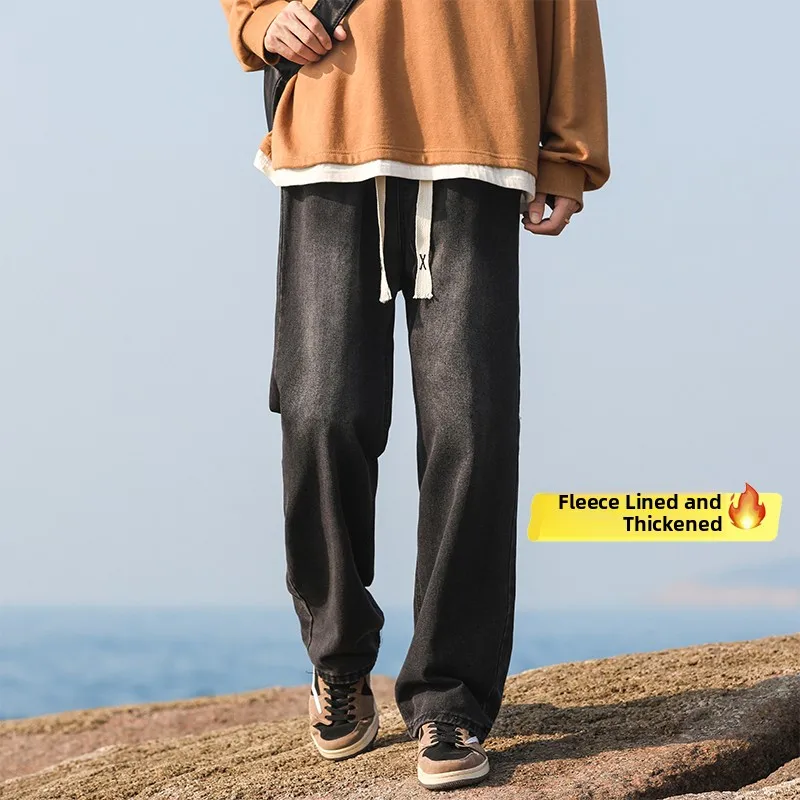 

Мужские утепленные джинсы прямого кроя оверсайз на флисе для осени и зимы в американском уличном стиле для подростков и молодежи