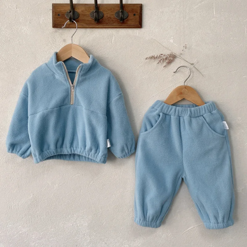 Newborn Baby Boys Girls Clothing Set Long Sleeved Solid Color Pullover Top+Pants Autumn Winter Children Thicken Clothes Suit