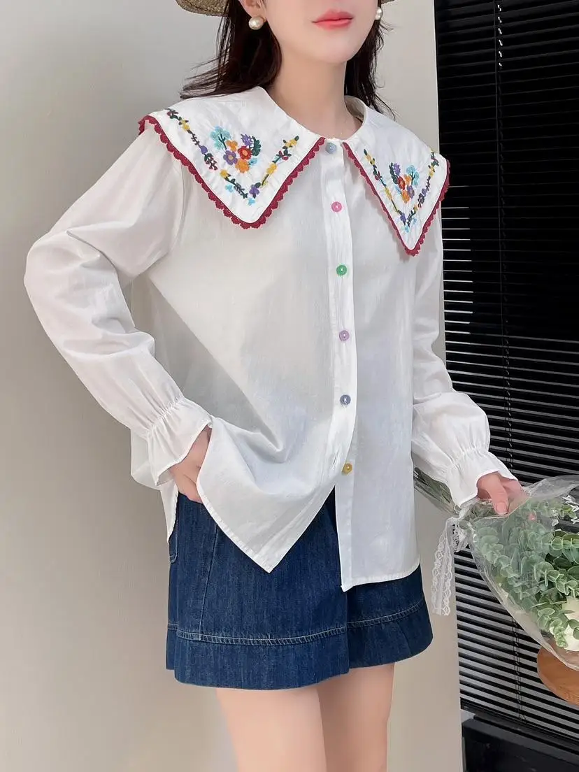 New Summer Cotton Loose Shirt Women Peter Pan Collar Long Sleeve Tops Girl Floral Embroidery Sweet Blouses 2024 Spring T43207QM