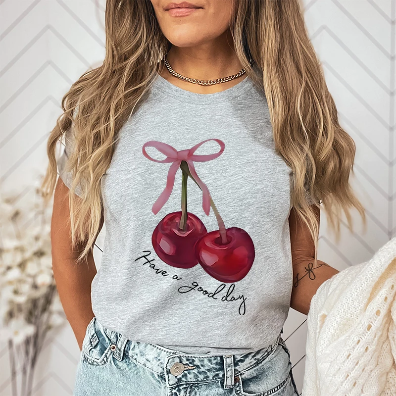 Camiseta informal Have A Good Day con lazo y cereza para mujer, camiseta de manga corta con diseño de lazo coqueta, ropa de verano con lazo y cereza