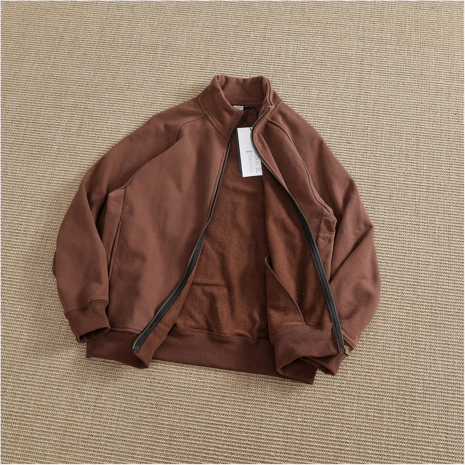 100% cotton heavyweight thickened terry stand collar zipper jacket men's retro style casual versatile cardigan sweatshirt