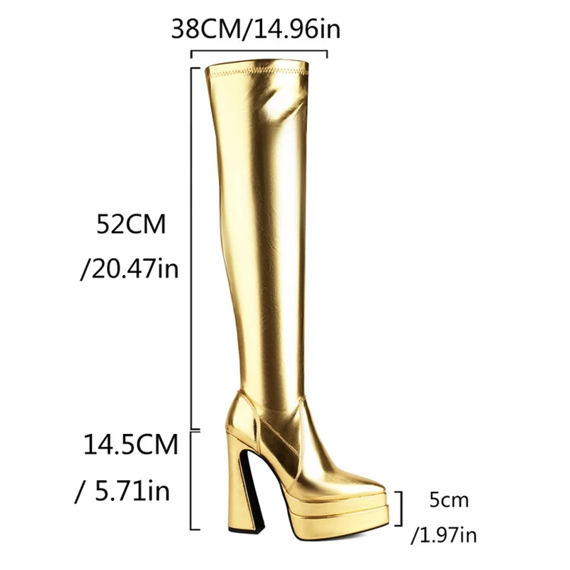 REAVE CAT 14.5cm Block Heel 5cm Platform Over Knee Boots Pointed Toe Faux Leather Gold Big Size 41 42 43 US12