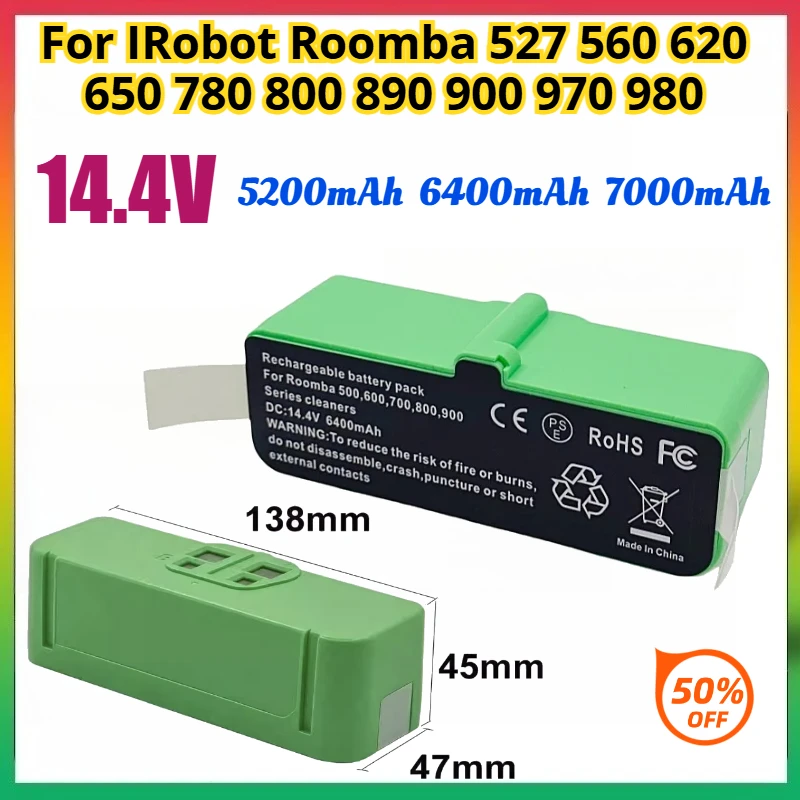 

14.4V 5200-7000mAh Sweeper Power Lithium Battery for IRobot Roomba 527 560 620 650 780 800 890 900 970 980 Rechargeable Battery