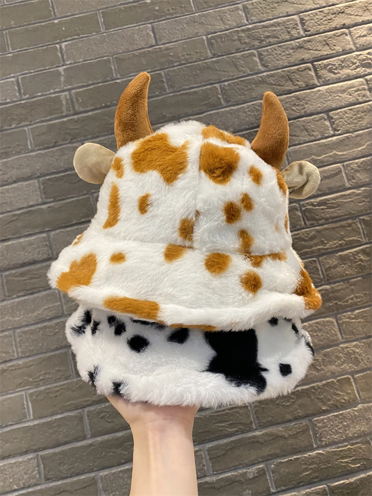 

Cute Fuzzy Cow Bucket Hats with Ears Horns Plush Winter Fluffy Plush Fisherman Cap Warm Soft Winter Spring Furry Fur Hat