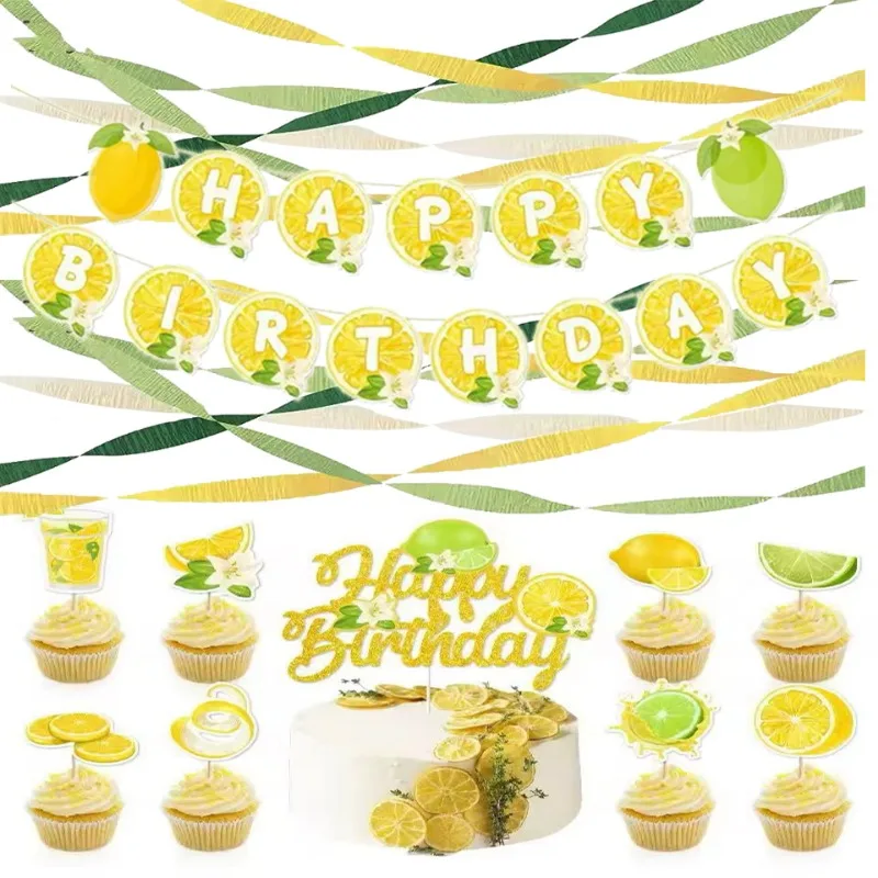 Gelbe weiße Zitrone alles Gute zum Geburtstag Banner Partydekorationen grün gelbe Luftballons Krepppapier Streamer Zitrone Kuchen Topper Dekor