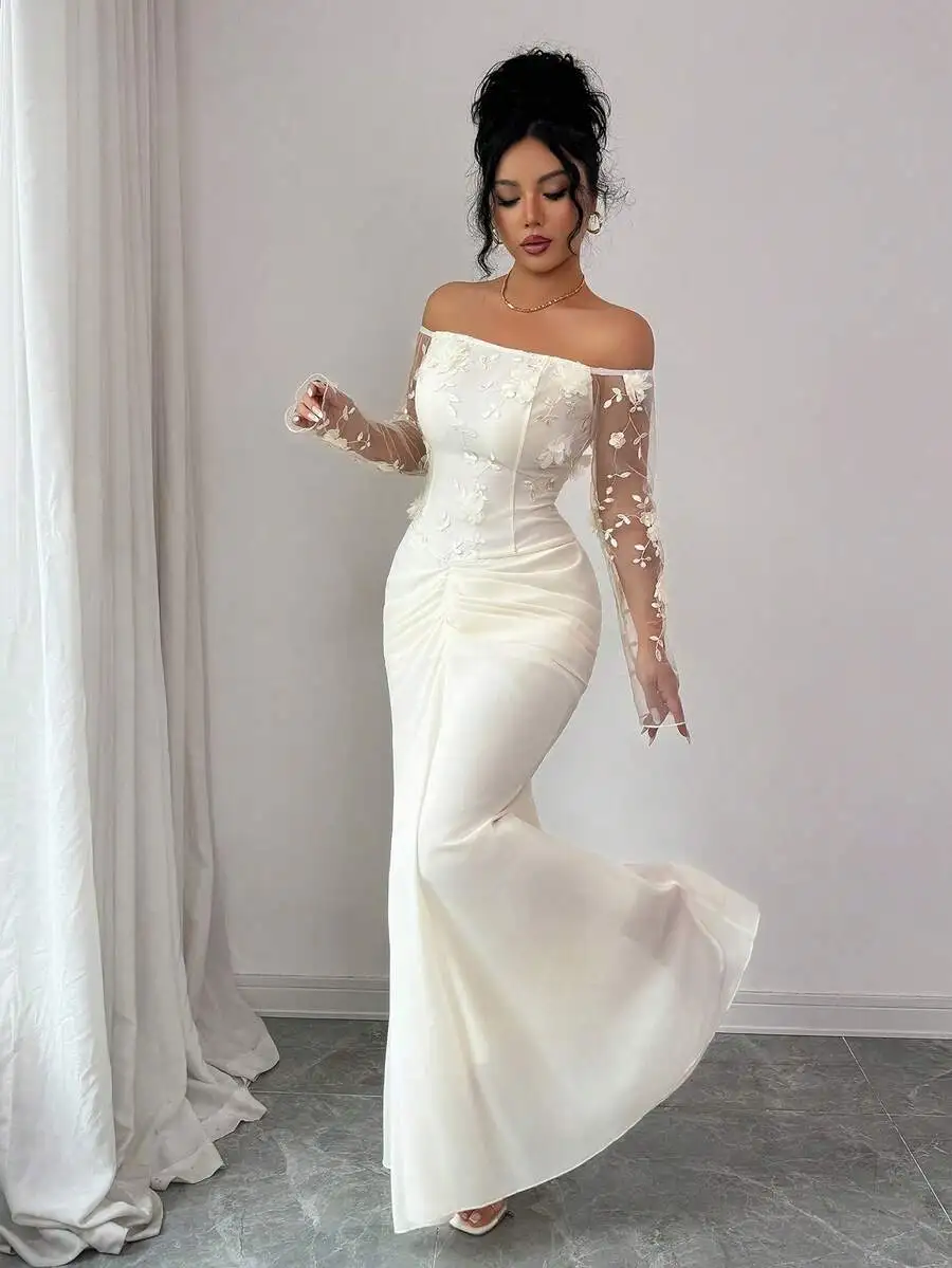 

Elegant Off Shoulder Ruched Long Party Dress With Floral Embroidery
