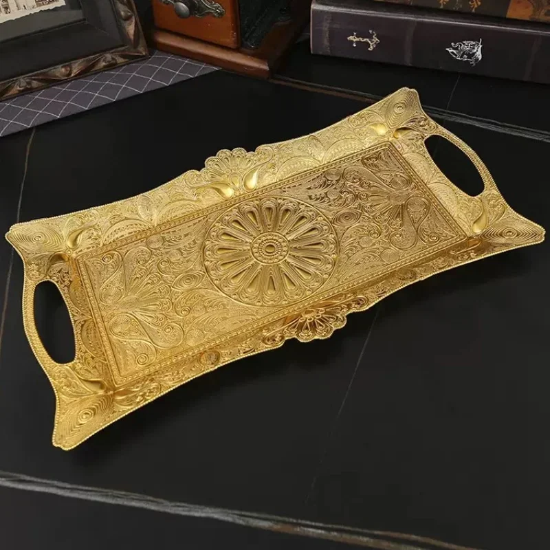 

Exquisite European Metal Tray With Ear Flat Rectangular Plate Palace Golden Peacock Design For Home Decor